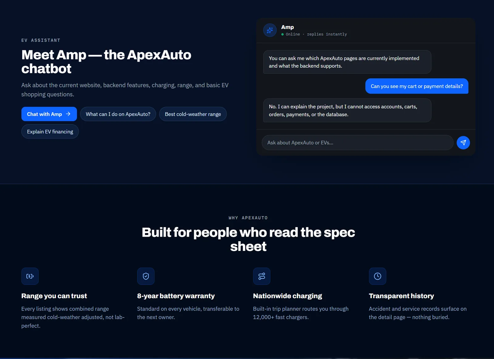 EV assistant chatbot section showing a scoped assistant that answers questions about the site but explicitly cannot access accounts, carts, or payments.