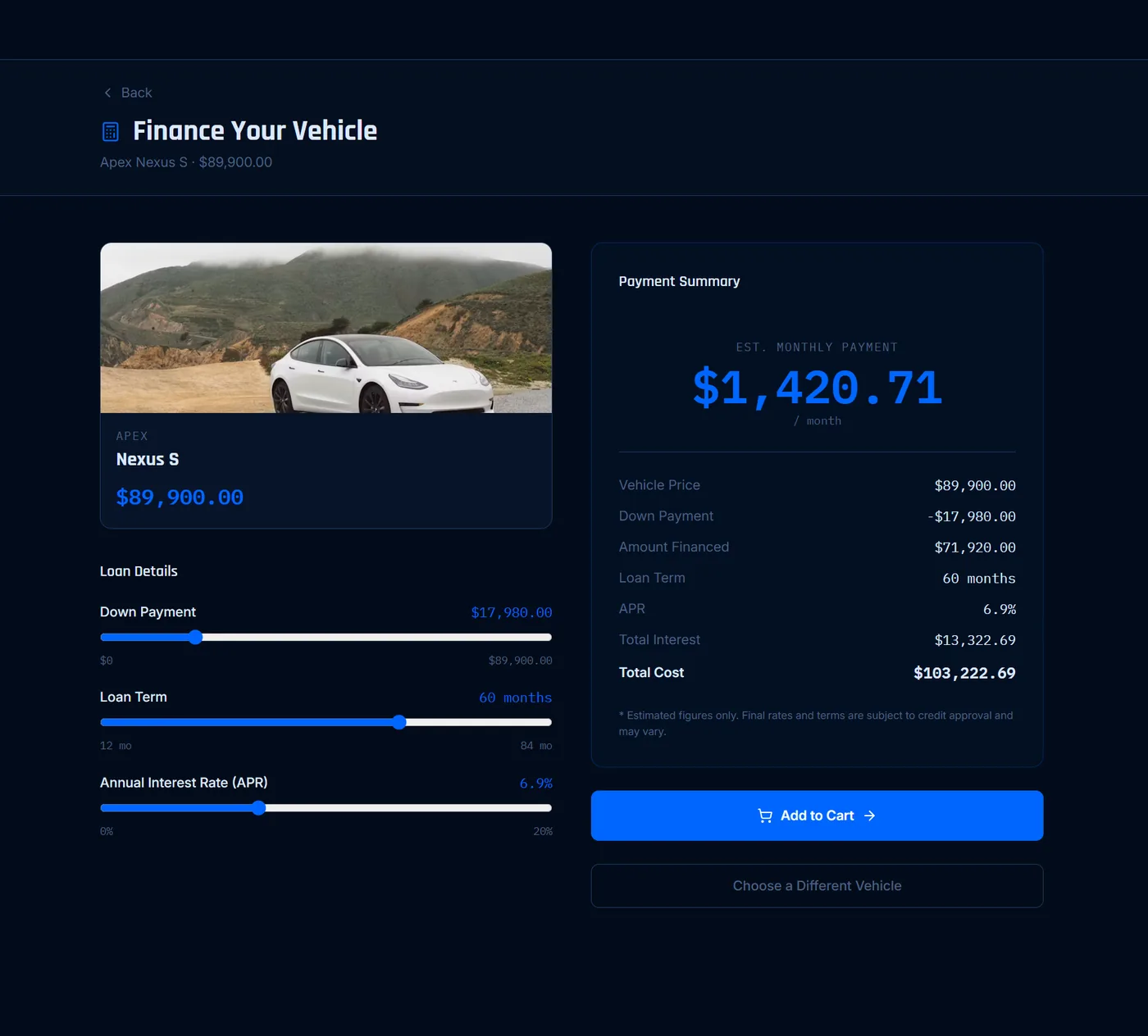 Finance Your Vehicle page with down payment, loan term, and APR sliders on the left and a live payment summary on the right showing an estimated monthly payment.